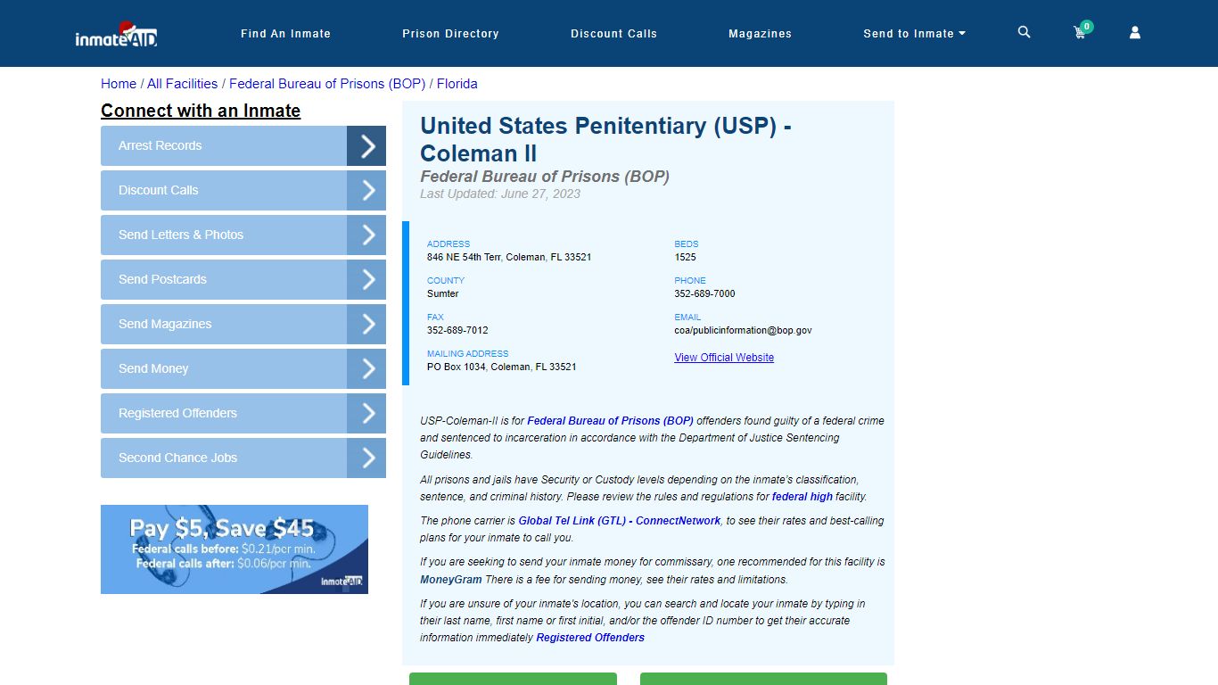 United States Penitentiary (USP) - Coleman II - InmateAid